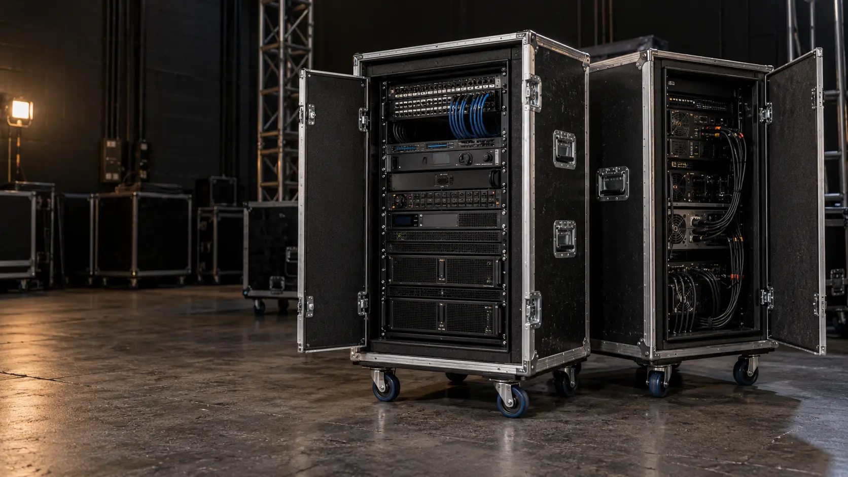 Mobile AV rack flight cases with casters and removable panels