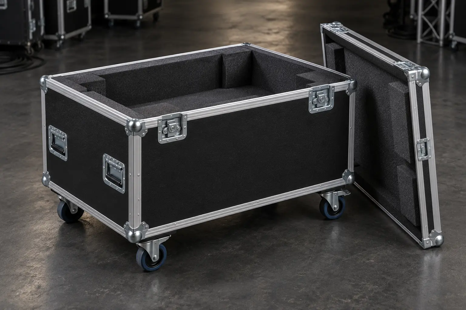 Open custom black plywood flight case with removable lid and casters