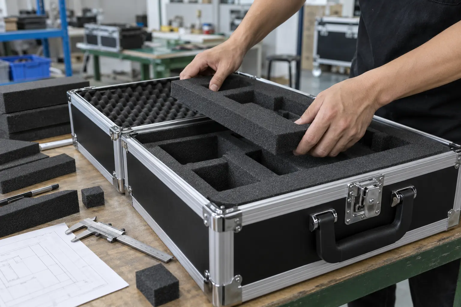 Technician fitting CNC-cut foam layers into a custom flight case