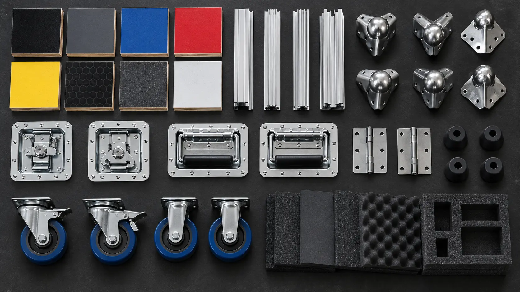 Flight case panels, aluminum profiles, latches, handles, corners, casters and foam options